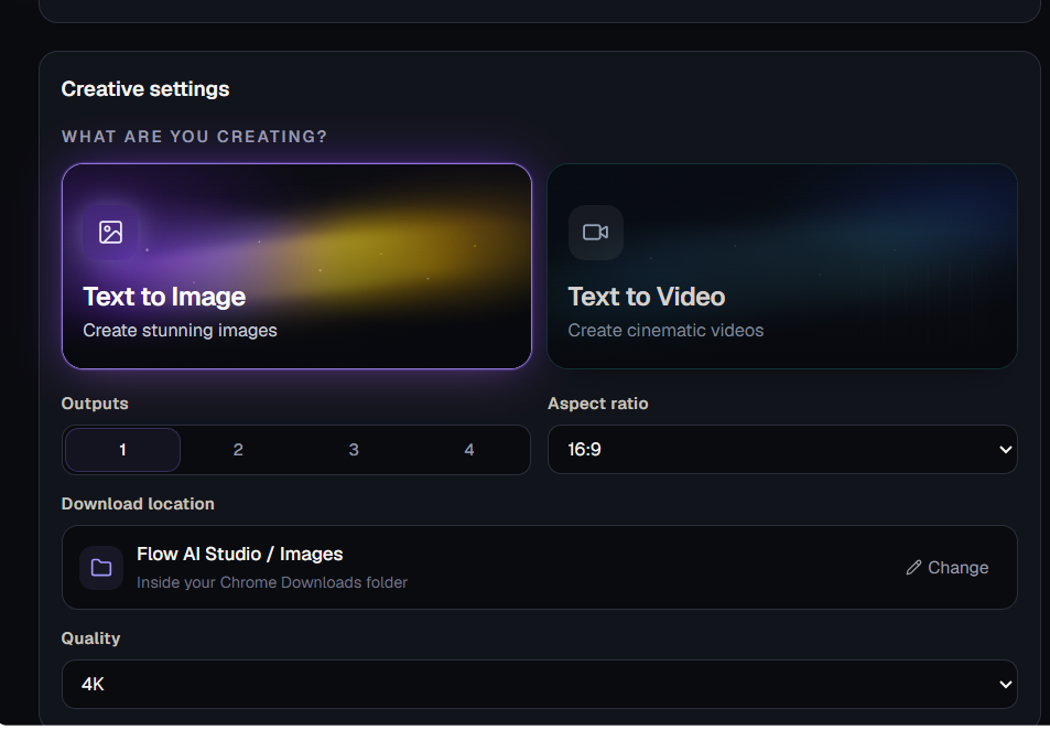 Flow AI Studio creative settings showing the download location set to Flow AI Studio slash Images inside the Chrome Downloads folder