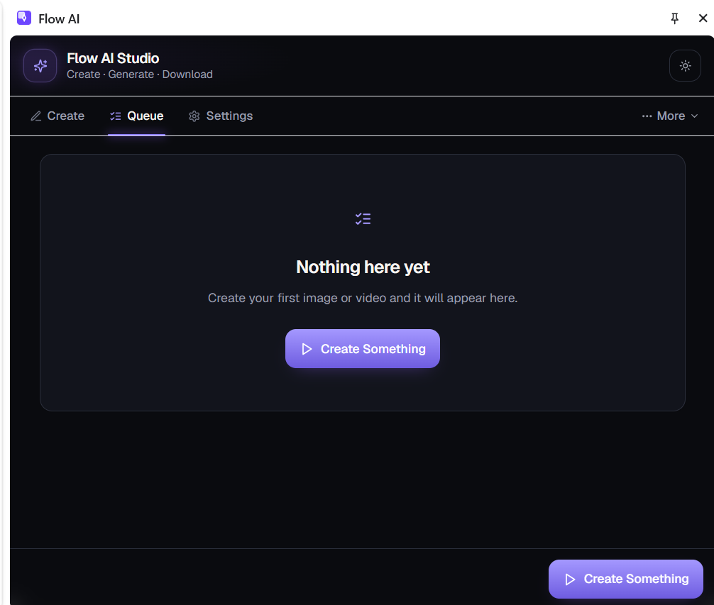 Flow AI Studio Queue tab showing an empty state with a Create Something button